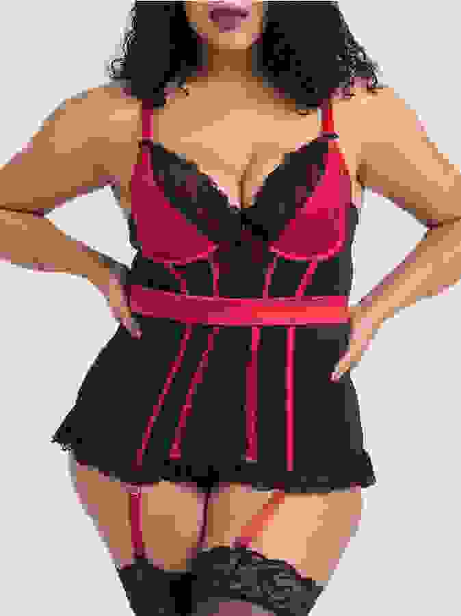 Lovehoney Plus Size Empress Red Satin and Lace Basque Set, Red, hi-res
